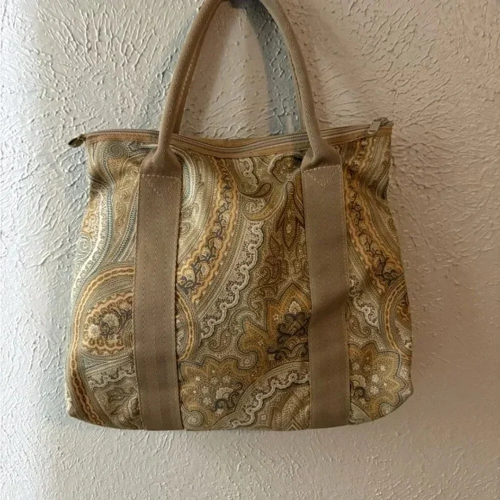 Vintage ETRO Profumi Double Handle Tote Bag in Paisley Beige Gold Nylon EUC - Picture 4 of 13